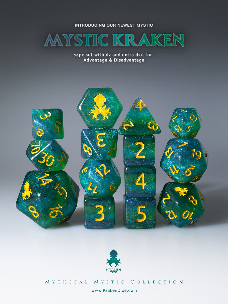 Mystic Kraken 14pc Gold Ink Dice Set With Kraken Logo